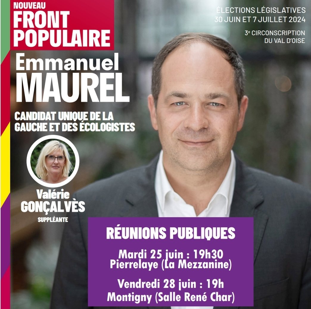 Réunions publiques cette semaine : 
✅#Pierrelaye le mardi 25 juin à 19:30 à La Mezzanine 
✅#Montigny-lès-Cormeilles le vendredi 28 juin à 19:00 salle René-Char

Le #nouveaufrontpopulaire sur la #circo9503