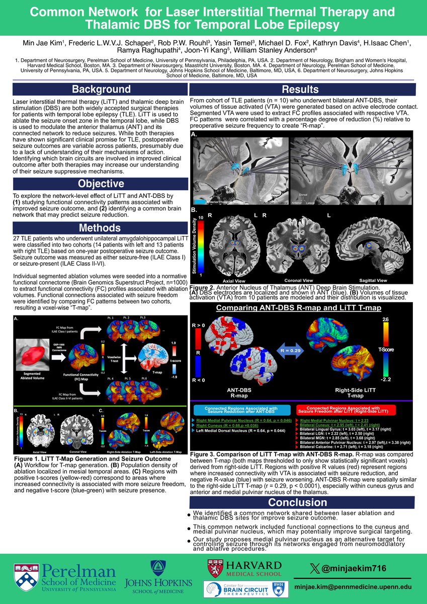 Min Jae Kim (@minjaekim716) on Twitter photo Come to #OHBM2024 poster session this Thursday / Friday to learn about common brain circuits involved in seizure reduction in BOTH ablative and neuromodulatory therapy! This is an exciting multi-site study across <a href="/PennNSG/">Penn Neurosurgery</a> <a href="/HopkinsNsurg/">Johns Hopkins Neurosurgery</a> <a href="/BWHNeurology/">Brigham and Women's Neurology</a>. Come to #OHBM2024 poster session this Thursday / Friday to learn about common brain circuits involved in seizure reduction in BOTH ablative and neuromodulatory therapy! This is an exciting multi-site study across <a href="/PennNSG/">Penn Neurosurgery</a> <a href="/HopkinsNsurg/">Johns Hopkins Neurosurgery</a> <a href="/BWHNeurology/">Brigham and Women's Neurology</a>.