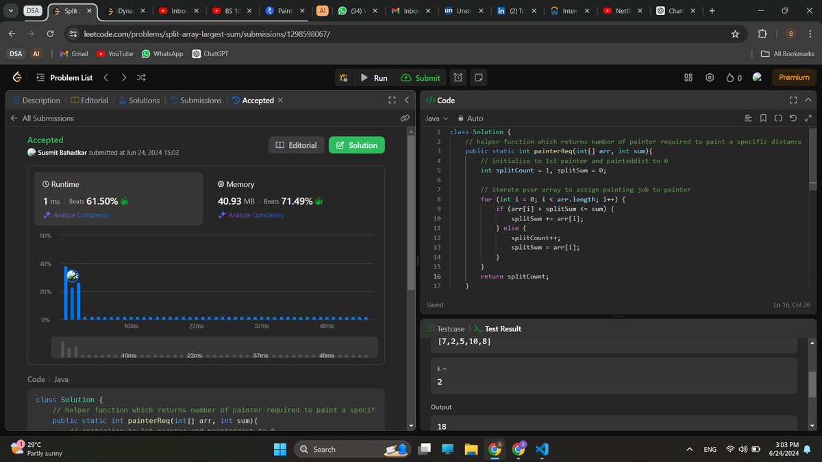 susmit_bahadkar's tweet photo. Successfully solved 'Split Array Largest Sum' on LeetCode utilizing a binary search approach. Tackling complex problems and refining my algorithmic skills! #LeetCode #BinarySearch #Algorithm #CodingProfessional #DSA https://t.co/FoJYAJmnwQ