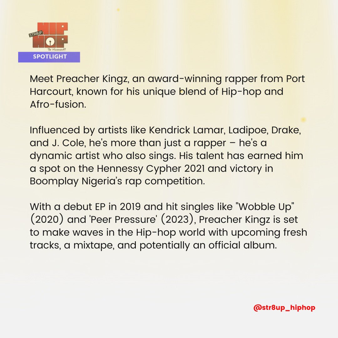 Str8uphiphop (@str8_uphiphop) on Twitter photo Our spotlight shines on <a href="/PreacherKingz/">Preacher Kingz</a> , the rapper and singer making waves from PH. Are hip to Preacher Kingz, what is your favourite song by him?
#PreacherKingz #PHCDrill #234Drill #NaijaRap Our spotlight shines on <a href="/PreacherKingz/">Preacher Kingz</a> , the rapper and singer making waves from PH. Are hip to Preacher Kingz, what is your favourite song by him?
#PreacherKingz #PHCDrill #234Drill #NaijaRap