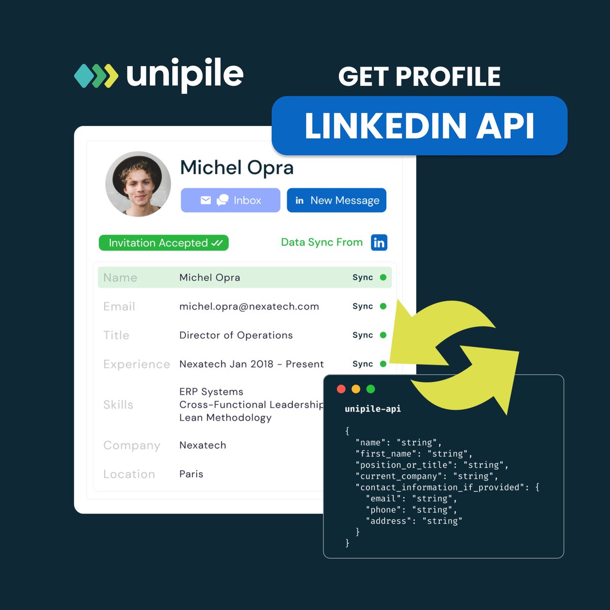 UnipileAPI's tweet image. Are you using LinkedIn's API for full profile data? 
Discover how the LinkedIn Get Profile API can boost your data processes.
#CRM #ATS #DataManagement
unipile.com/linkedin-get-p…