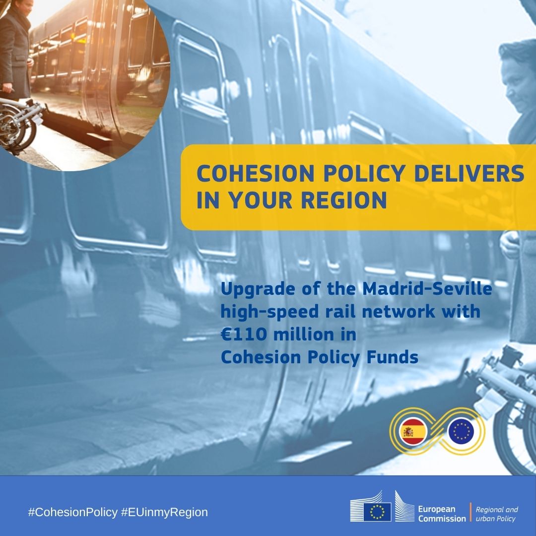 ElisaFerreiraEC's tweet photo. 📢€110 million from #Cohesion Policy will help modernise 435  km of the 471 km railway line between Madrid &amp; Sevilla 🇪🇸

This support will help the railway line adapt to the latest interoperability specifications &amp; contribute to an efficient &amp; integrated rail system across 🇪🇺 https://t.co/xHaSPZOjxV