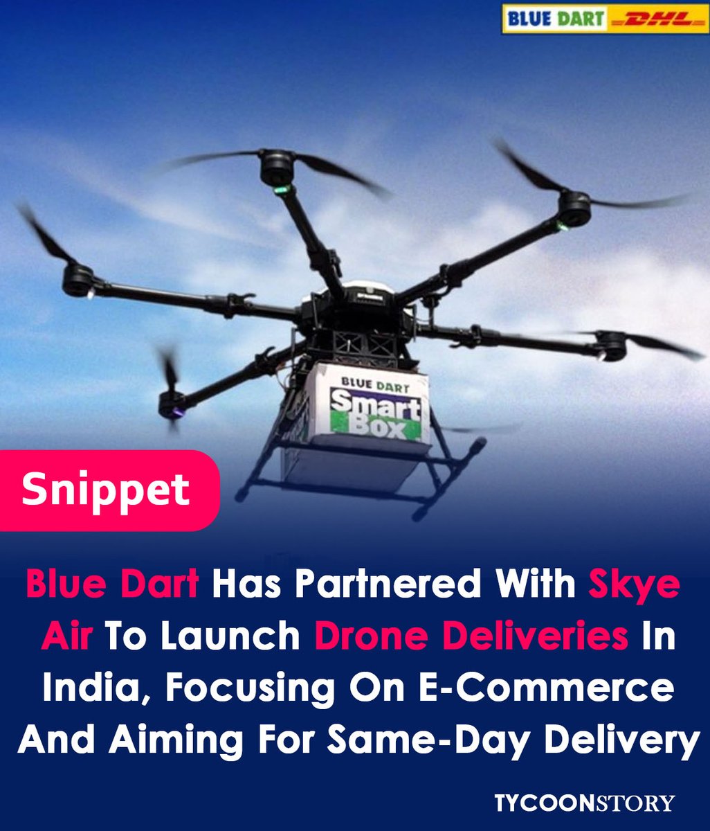 TycoonStoryCo's tweet image. Blue Dart Teams Up with Skye Air to Launch Drone Delivery Service in India
#DroneDelivery #LastMileDelivery #LogisticsRevolution #BlueDart #SkyeAir #Ecommerce #SustainableLogistics #InnovativeTechnology #Logistics #EcoFriendlyDelivery @BlueDart_ @air_skye
tycoonstory.com