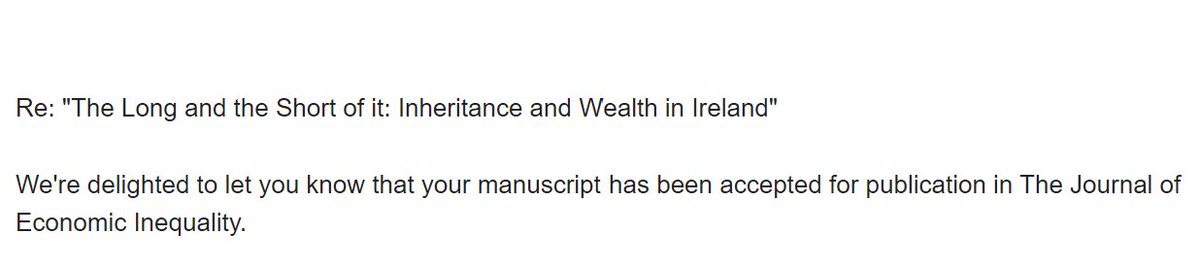 Simone Arrigoni 🇪🇺🇺🇦 (@simone_arrigoni) on Twitter photo Happy days🎉 Our paper (<a href="/calder_tara/">Tara McIndoe-Calder</a>) on the role of inheritances for the wealth distribution in Ireland has been accepted for publication in The Journal of Economic Inequality!
WP thread below. More to follow once paper is published!
<a href="/tcdeconomics/">TCD Economics</a> <a href="/imtcd/">International Macroeconomics (IM-TCD)</a> <a href="/TRiSSTCD/">Trinity Research in Social Sciences</a>
#EconTwitter Happy days🎉 Our paper (<a href="/calder_tara/">Tara McIndoe-Calder</a>) on the role of inheritances for the wealth distribution in Ireland has been accepted for publication in The Journal of Economic Inequality!
WP thread below. More to follow once paper is published!
<a href="/tcdeconomics/">TCD Economics</a> <a href="/imtcd/">International Macroeconomics (IM-TCD)</a> <a href="/TRiSSTCD/">Trinity Research in Social Sciences</a>
#EconTwitter
