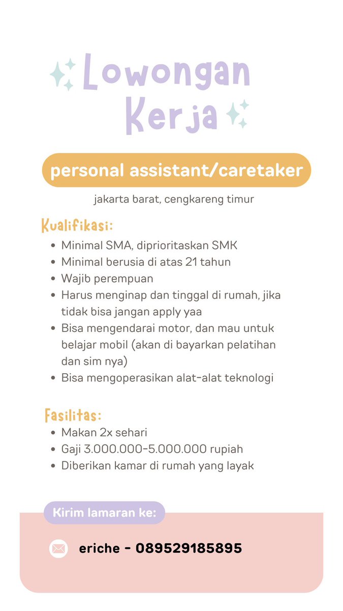 mamayrz's tweet photo. Halo, berbagi info lowongan kerja personal.
Butuh aspri or caretaker utk mami exbossku.
Kebutuhan harian siap ditanggung.
Siap kerja telaten dan tdk mudah lupa.
Ku bisa kasih honest review exboss ku dan maminya orang baik ya. Silahkan dicoba😙 #loker #aspri #caretaker @hrdbacot https://t.co/ab9r7ePwfU