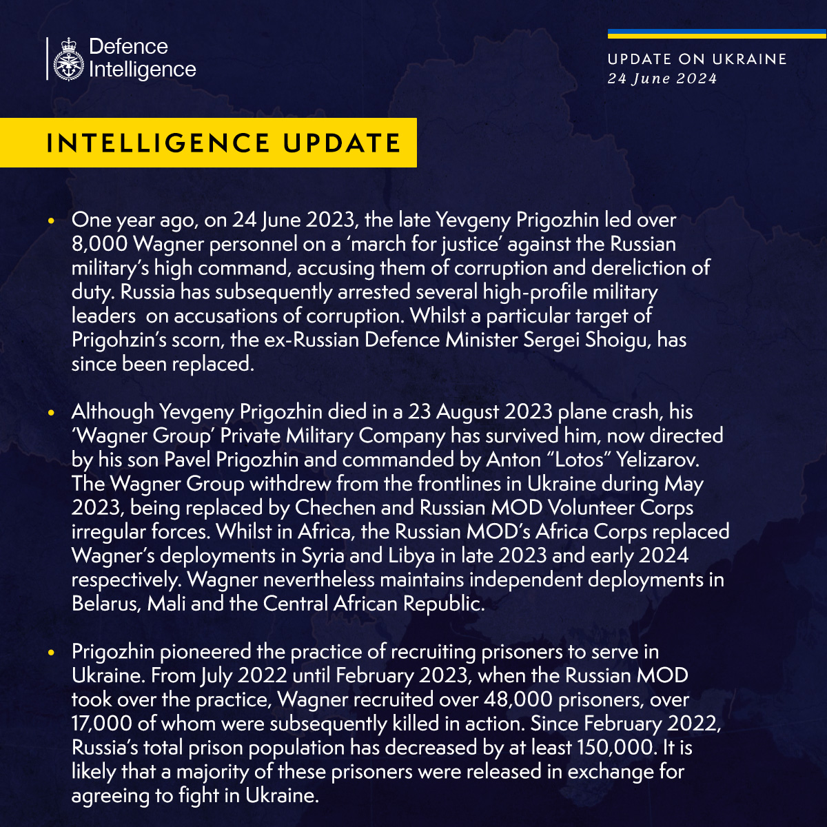 One year ago, on 24 June 2023, the late Yevgeny Prigozhin led over 8,000 Wagner personnel on a ‘march for justice’ against the Russian military’s high command, accusing them of corruption and dereliction of duty. Russia has subsequently arrested several high-profile military leaders on accusations of corruption. Whilst a particular target of Prigohzin’s scorn, the ex-Russian Defence Minister Sergei Shoigu, has since been replaced.   Although Yevgeny Prigozhin died in a 23 August 2023 plane crash, his ‘Wagner Group’ Private Military Company has survived him, now directed by his son Pavel Prigozhin and commanded by Anton “Lotos” Yelizarov. The Wagner Group withdrew from the frontlines in Ukraine during May 2023, being replaced by Chechen and Russian MOD Volunteer Corps irregular forces. Whilst in Africa, the Russian MOD’s Africa Corps replaced Wagner’s deployments in Syria and Libya in late 2023 and early 2024 respectively.