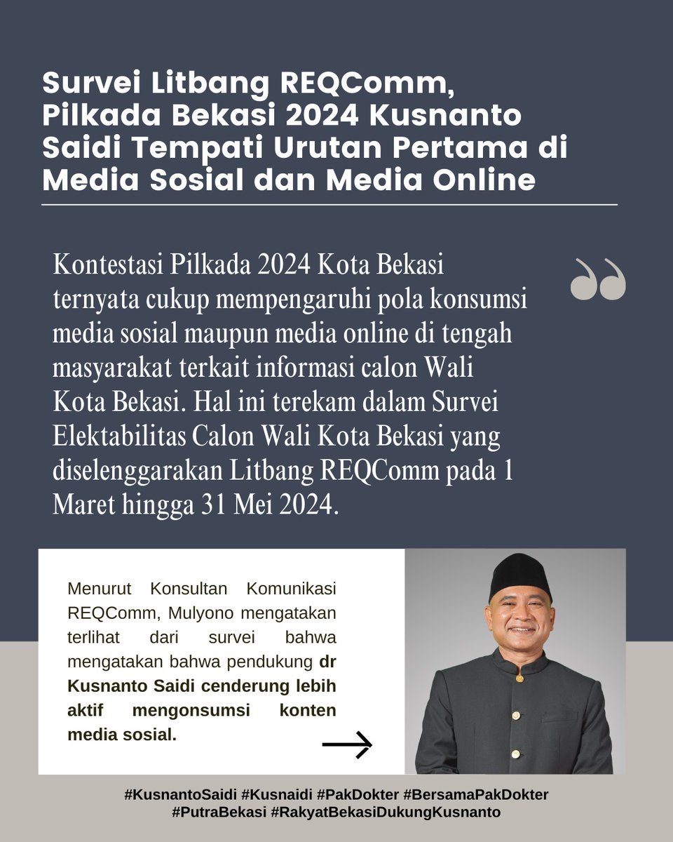Drieysn's tweet photo. Udaaah mantap bgtt Pak Dokter @kusnantosaidi menurut survei litbang sudah mulai unggul nih di medsos 👍

#KusnantoSaidi #Kusnaidi #PakDokter #BersamaPakDokter #PutraBekasi #RakyatBekasiDukungKusnanto #Bekasi #hasilsurvei #reqcomm https://t.co/CYtLUhJta5
