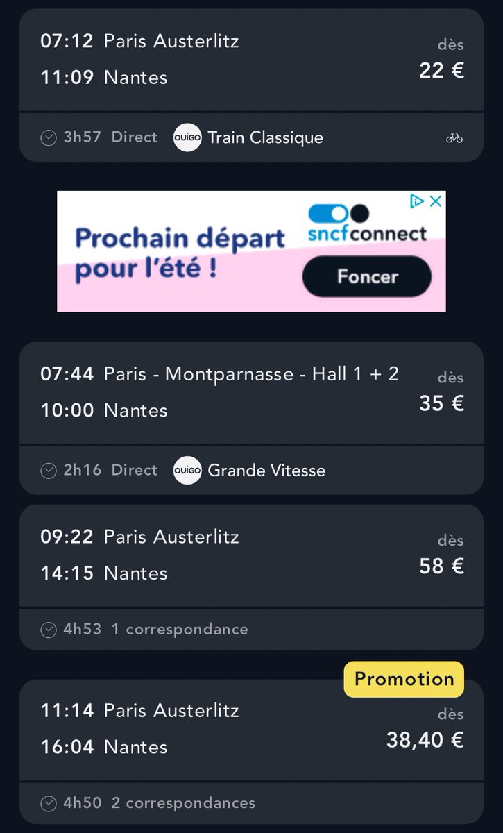 Help me please 🥹

J’essaie de réserver un Paris-Nantes en TER avec le #PassRail mais ça marche pas 🥲

J’ai bien décoché toutes les autres réducs, je sais pas ce qu’il se passe…

<a href="/SNCFConnect/">SNCF Connect</a>