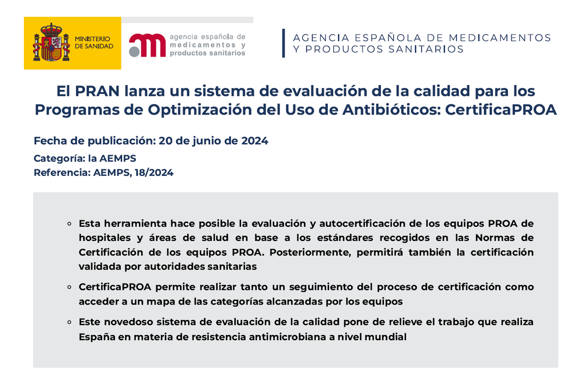 ❗️🦠💊El <a href="/PRANgob/">Plan Antibióticos</a> lanza un sistema de evaluación de la calidad para los Programas de Optimización del Uso de Antibióticos👉👉 CertificaPROA

¡Un avance clave para el reconocimiento institucional de estos programas!

Acceso: resistenciaantibioticos.es/es/lineas-de-a…

Ya puedes comenzar a
