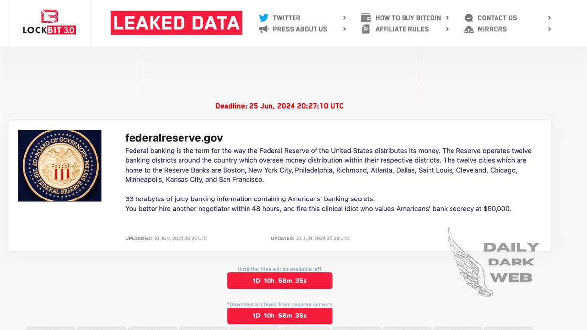 DailyDarkWeb's tweet image. #USA 🇺🇸 - LockBit #ransomware group has announced The Federal Reserve on its victim list.

The Federal Reserve System, based in Washington D.C., is the central banking system of the United States of America that conducts monetary policy to support a healthy economy.

The group…