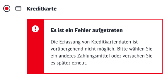Kreditkarte nicht möglich, aber andere Zahlungsoptionen werden mir im Business-Account nicht angeboten ...

Reisen mit der <a href="/DB_Bahn/">Deutsche Bahn Personenverkehr</a> 😅😂
