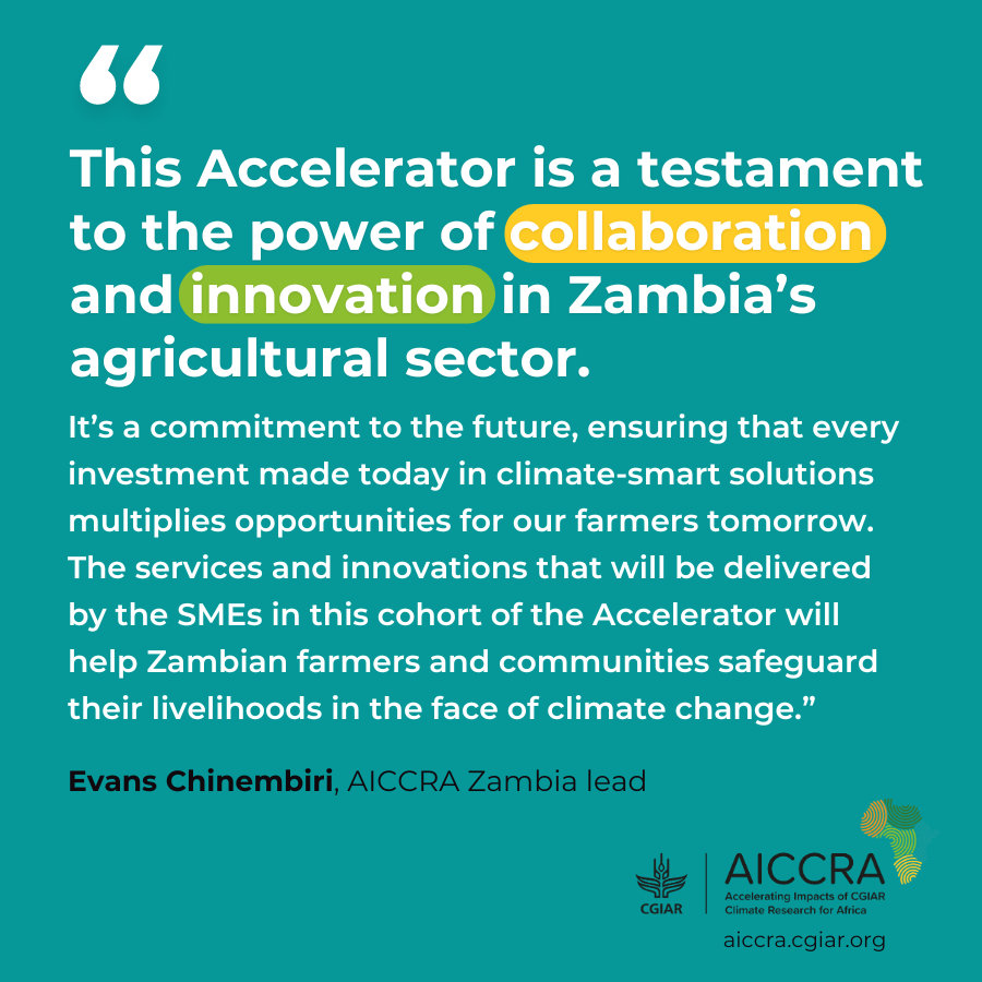 🇿🇲 The first cohort of the AICCRA Zambia Accelerator Program reached more than 580,000 farmers in #Zambia with climate-smart innovations and leveraged a 200% return on original funding. 

Our ambitions are even higher for the second cohort. Launched last week in Lusaka, the open