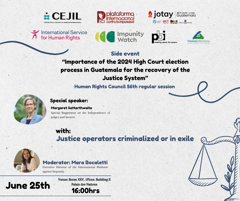 ISHRglobal's tweet photo. #HRC56: join us tomorrow for the #side_event: ‘Importance of the 2024 High Court election process in Guatemala for the recovery of the Justice System.’
📅 25 June 2024 🕓 16:00 PM
📍 Room XXV, 1st Floor, Building E, Palais des Nations https://t.co/QXzaJJLuGh