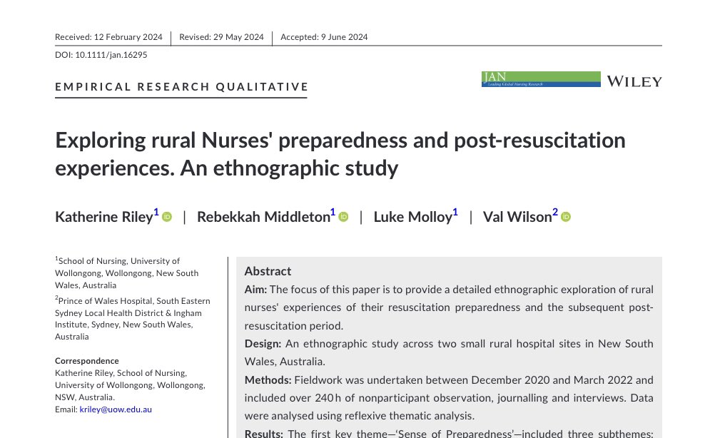 Katherine Riley (@katriley_uni) on Twitter photo Great to see this second results paper published. Exploring rural Nurses' preparedness and post‐resuscitation experiences. <a href="/bekkmiddle/">Dr Bekk Middleton</a> <a href="/lukemolloy/">luke molloy</a> <a href="/UoWnursing/">UOW School of Nursing</a> 🙌 onlinelibrary.wiley.com/doi/epdf/10.11… Great to see this second results paper published. Exploring rural Nurses' preparedness and post‐resuscitation experiences. <a href="/bekkmiddle/">Dr Bekk Middleton</a> <a href="/lukemolloy/">luke molloy</a> <a href="/UoWnursing/">UOW School of Nursing</a> 🙌 onlinelibrary.wiley.com/doi/epdf/10.11…