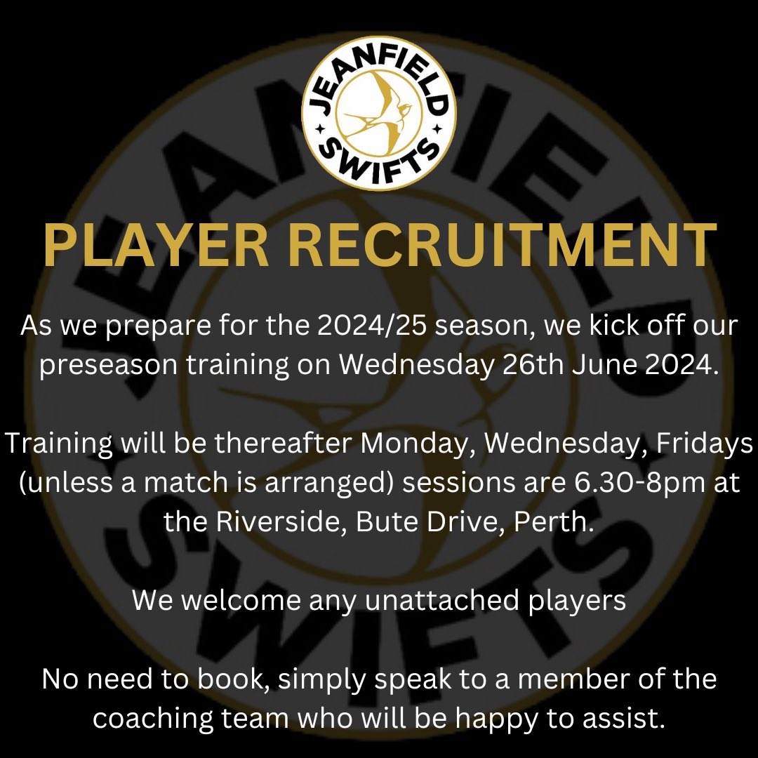 JeanfieldU20's tweet photo. Our preseason begins this Wednesday and we welcome any unattached players

Training will be 6.30-8pm, Monday, Wednesday, Fridays (unless a match is arranged)

Looking to challenge yourself? Seek a change? Then come along to the Riverside and speak to our coaching staff https://t.co/mbSwO2ph06