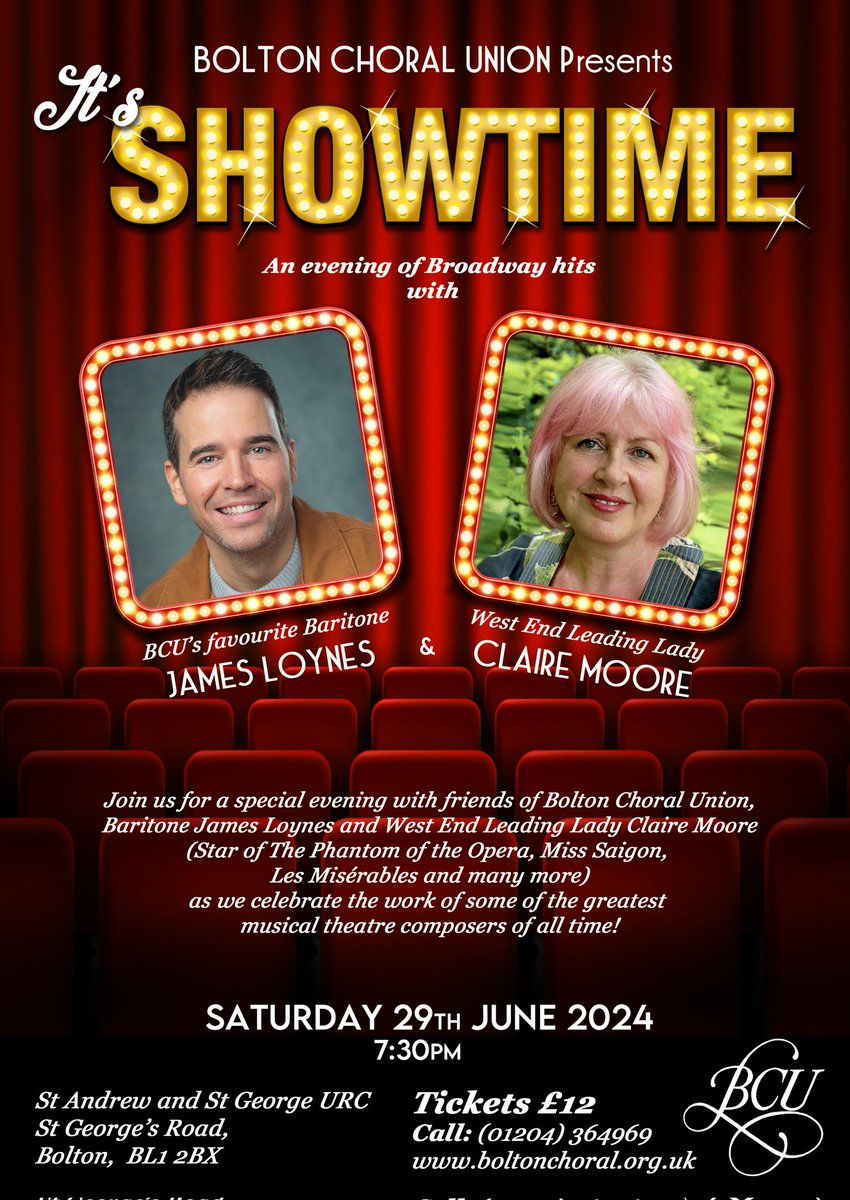 Looking forward to an evening singing glorious show tunes with my pal, West End Legend @ClaireMoore60 and the lovely Bolton Choral Union 🎶😍