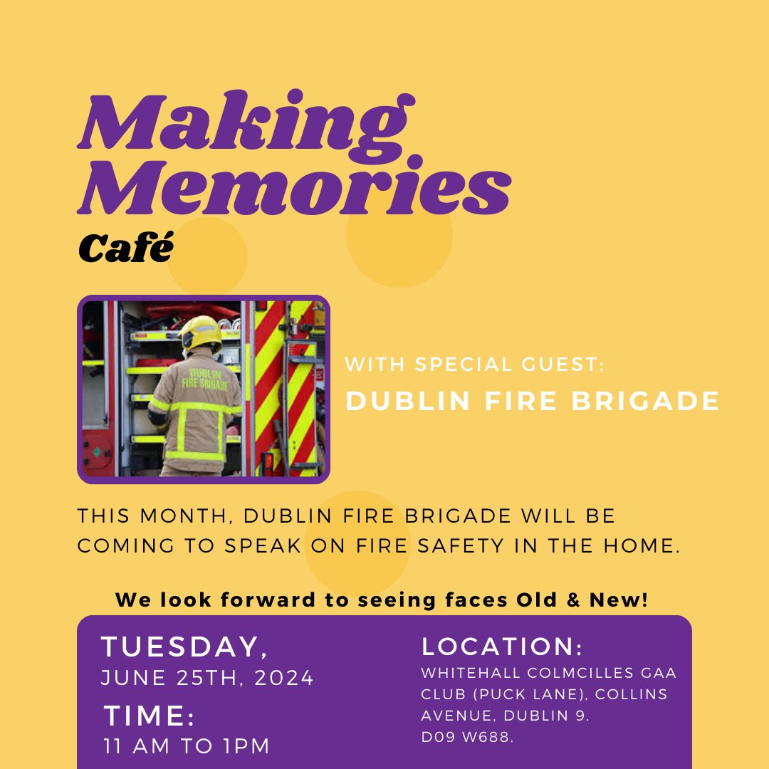 We are back this Tuesday, the 25th of June.
This month, we have a special guest - Dublin Fire Brigade!

This month, Dublin Fire Brigade will be coming to speak on Fire Safety in the home!

Looking forward to seeing you all! 
#Cafe #Whitehall #AlzheimersIreland