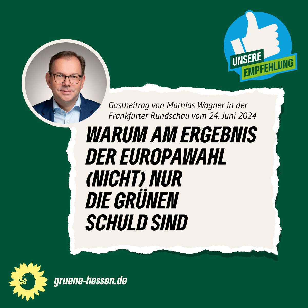 Warum am Ergebnis der Europawahl
(nicht) nur die GRÜNEN schuld sind. #WirEmpfehlen
den Gastbeitrag unseres Fraktionsvorsitzenden
<a href="/MathiasWagner/">Mathias Wagner</a> in der <a href="/fr/">FrankfurterRundschau</a>. Lesen lohnt sich, nicht nur für #GRÜNE🌻😉. #Europawahl #EUWahl
#Europawahl2024 #HLT /F fr.de/meinung/gastbe…