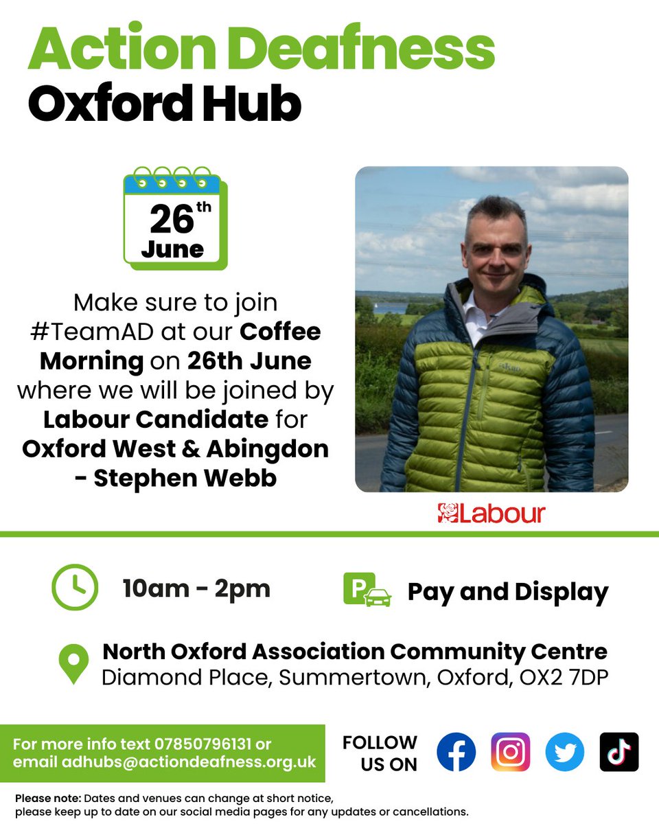 ActionDeafness's tweet photo. #TeamAD have invited local Oxford candidates to join us at our Coffee Morning on the 26th June.
Stephen Webb from Labour has agreed to join us to answer your questions.
We look forward to seeing you there between 10am - 2pm!
#ActionDeafness #Oxford #DeafCommunity https://t.co/QA5bO58CeZ