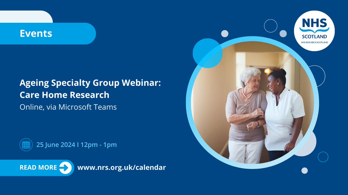 NHS Research Scotland (@nhsresearchscot) on Twitter photo On 25 June, NHS Research Scotland's Ageing Group will host a webinar on the topic of 'care home research'; they will be joined by <a href="/SusanShenkin/">Prof Susan Shenkin</a>, Professor of Healthcare for Older People <a href="/EdinburghUni/">The University of Edinburgh</a>, co-chair <a href="/EnrichScotland/">ENRICH Scotland</a>.
Register to attend 👉 bit.ly/3W9eP7e On 25 June, NHS Research Scotland's Ageing Group will host a webinar on the topic of 'care home research'; they will be joined by <a href="/SusanShenkin/">Prof Susan Shenkin</a>, Professor of Healthcare for Older People <a href="/EdinburghUni/">The University of Edinburgh</a>, co-chair <a href="/EnrichScotland/">ENRICH Scotland</a>.
Register to attend 👉 bit.ly/3W9eP7e