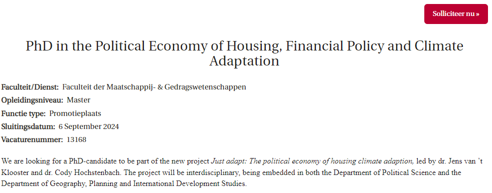Jens van 't Klooster 🟦🟦🟦 (@jvtklooster) on Twitter photo Come work with me and Cody Hochstenbach in the Just Adapt project <a href="/UvA_AISSR/">AISSR (no longer active on X)</a>: 4yr PhD in Political Economy of (Dutch) Housing, Financial Policy and Climate Adaptation vacatures.uva.nl/UvA/job/PhD-in… Come work with me and Cody Hochstenbach in the Just Adapt project <a href="/UvA_AISSR/">AISSR (no longer active on X)</a>: 4yr PhD in Political Economy of (Dutch) Housing, Financial Policy and Climate Adaptation vacatures.uva.nl/UvA/job/PhD-in…