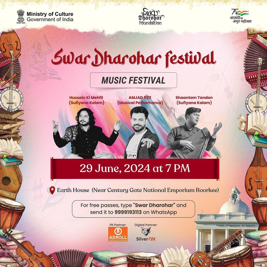 MinOfCultureGoI's tweet image. It's the perfect time to be in #Roorkee &amp;amp; experience a magical evening with @MinOfCultureGoI's #SwarDharohar Music festival.

Listen, feel and let your spirit uplift with the #SoundOfMusic.

Entry is free.

📍 Earth House, Roorkee
 🗓️ 29June, 7 PM Onwards

#CultureUnitesAll