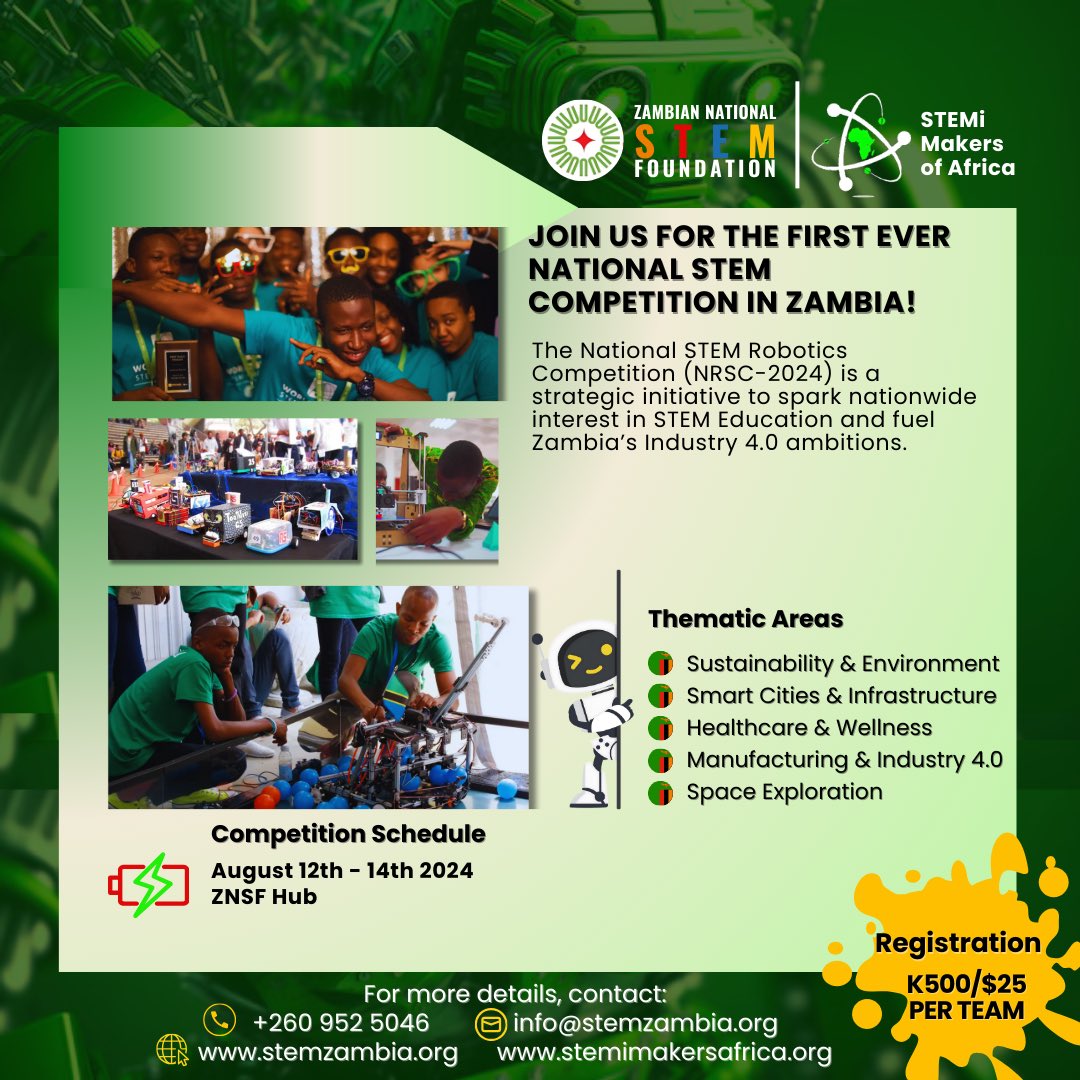 STEMiWomen's tweet image. JOIN US FOR THE FIRST EVER NATIONAL STEM COMPETITION IN ZAMBIA 🇿🇲 

‼️ The National STEM Foundation, Zambia partners with STEMi Makers of Africa to host the first national robotics competition in Lusaka, Zambia.

#roboticscompetition #stemeducation