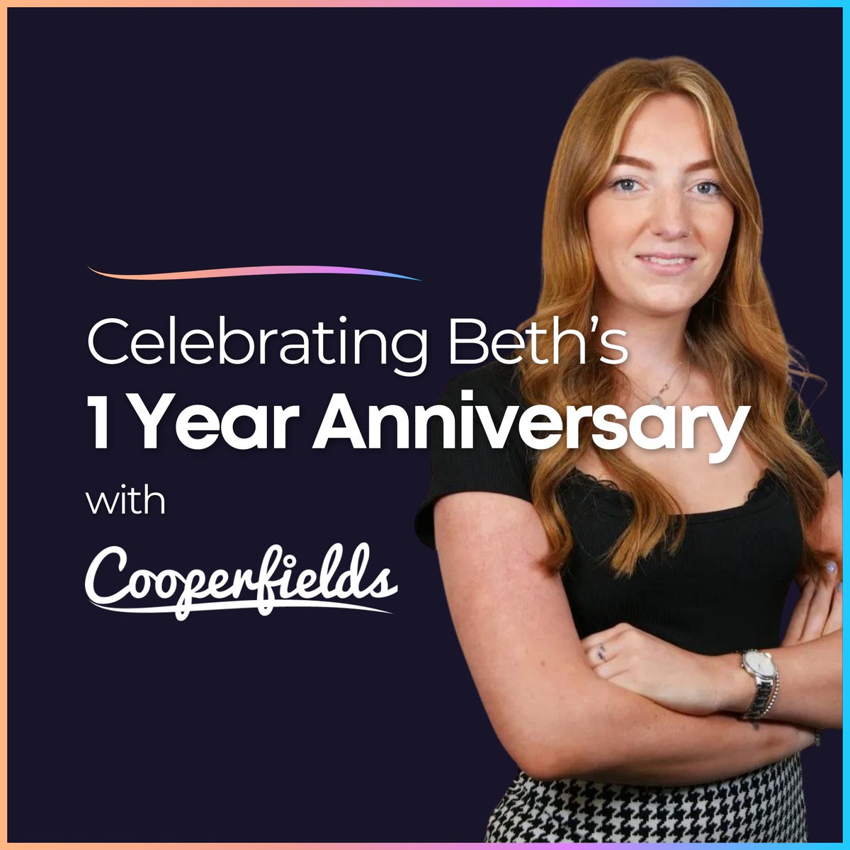 thecooperfields's tweet photo. Can you believe it's already been a year since Beth joined us as a Digital Marketing Assistant? 💫 

Here's to many more years of fun, creativity, and success together! 🥂

#Cooperfields #TeamAnniversary https://t.co/D2OcmPPQCE