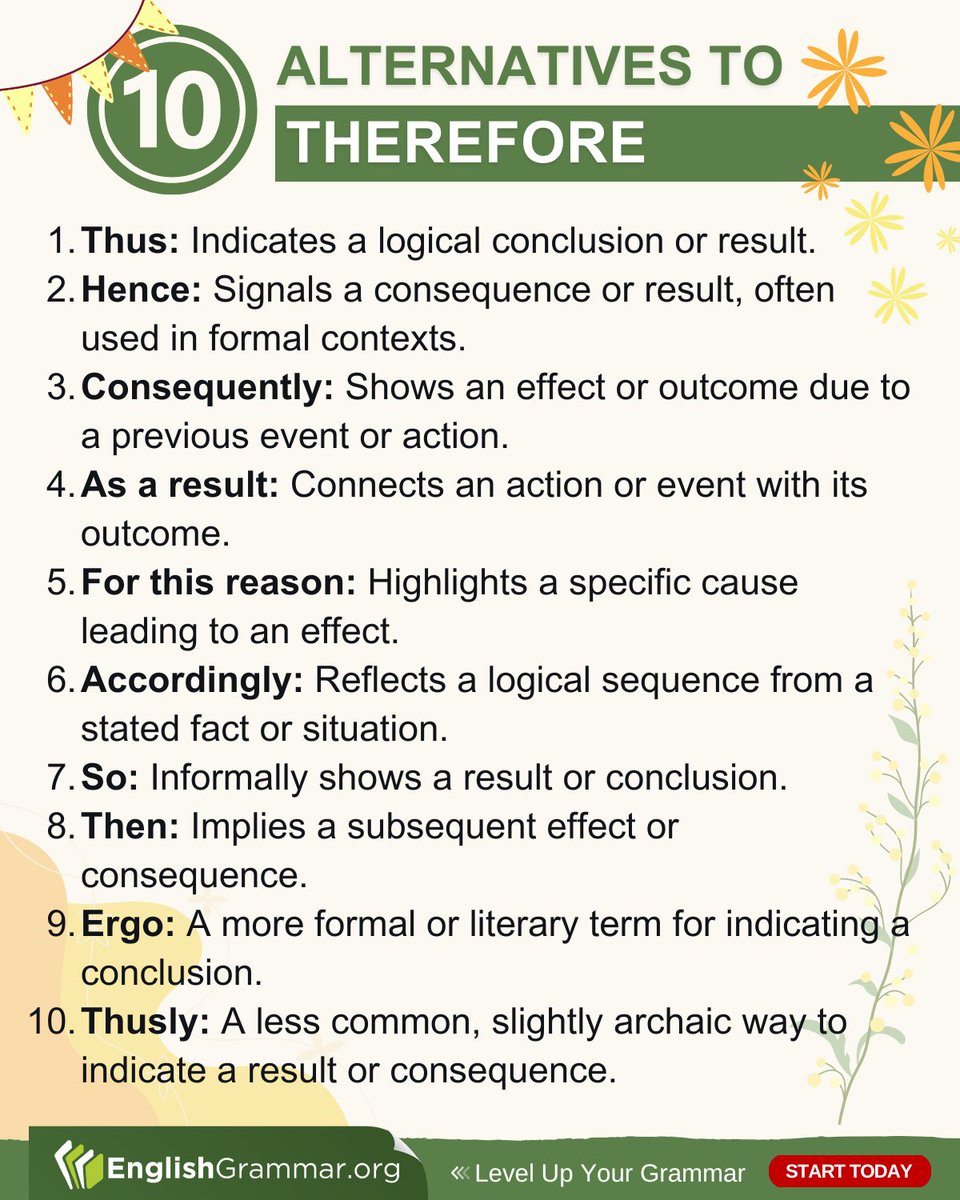 10 Alternatives to "Therefore"

#amwriting #writing #grammar