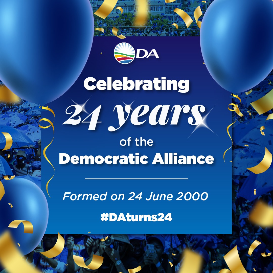 🥳💙 On 24 June 2000 the DA was formed. Today we celebrate 24 years of fighting for the well-being of all South Africans, our constitution, and a thriving economy.

With over 3.5 million people uniting behind the DA in this year's election, we will do more for SA. 🇿🇦

#DAturns24