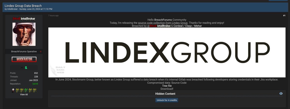 DailyDarkWeb's tweet image. IntelBroker Claimed to Have the Source Code of the Lindex Group
The threat actor indicates that the internal GitLab was breached.
dailydarkweb.net/intelbroker-cl…
#darkweb #sourcecode #retail