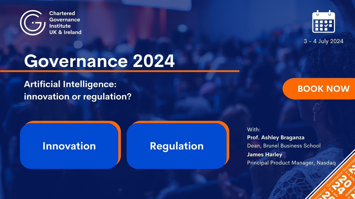 CGIUKI's tweet photo. In this engaging discussion, Prof. Ashley Braganza and James Harley present arguments for the advancement of AI versus the need for regulations.

Book your ticket now: https://t.co/oGNk98dvI5 

#CGIUKI #Governance #Governance2024 #CGIEvents https://t.co/vj8HIPxT4R