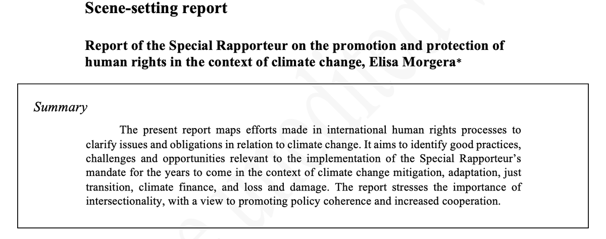 My first thematic report to #HRC56 is now available (only in English) at tinyurl.com/bdc7z8u2 Interactive Dialogue w/ States, civil society, NHRIs: 1st July 12.00-15.00h. Focus: #intersectionality in climate change mitigation, adaption, just transition, finance, loss &amp; damage