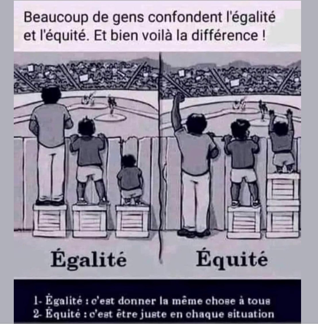 Un peu d'inspiration ✨ 

Beaucoup de gens confondent l'égalité et l'équité.
Et bien voilà la différence !🔍 

1. Égalité: C'est donner la même chose à tous
2. Équité: C'est être juste en chaque situation

#Faitespasserlecourant #Égalité #Équité