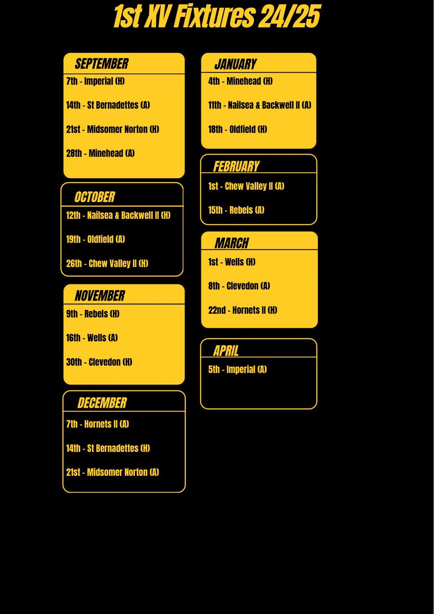 ⚫️🟡FIXTURES🟡⚫️

Our fixtures for the 24/25 season are now confirmed.

#blackandyellow
