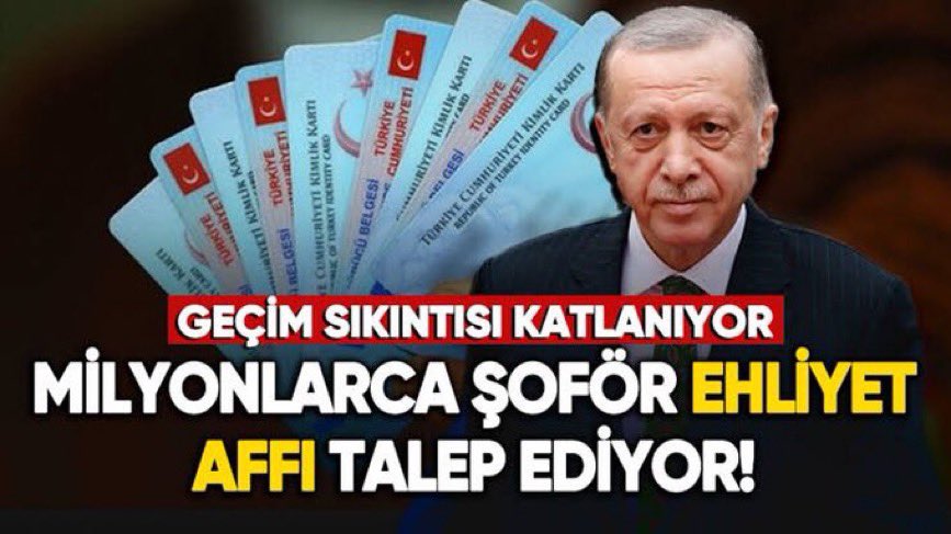 Sayın Cumhurbaşkanım <a href="/RTErdogan/">Recep Tayyip Erdoğan</a> Mesleği Şoförlük Olarak Hayatını Sürdürmeye Çalışan Geçim Sıkıntısı Çeken Vatandaşlarımız Ölümlü Ve Yaralamalı Kazalar Hariç Bir Defaya Mahsus 9. Yargı Paketinin İçinde #EhliyetAffı İstiyorlar. 

#ToplumsalBeklentileri Karşılayacağınızdan Hiç