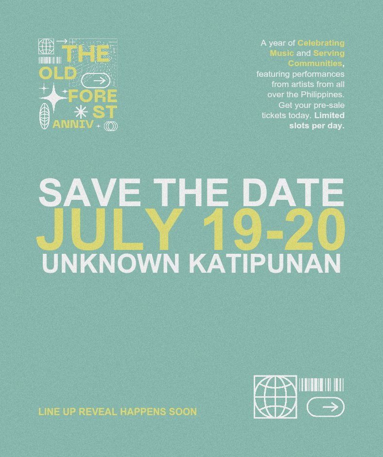 Old Forest's 1st Anniv : A year of Celebrating Music and Serving Communities. 🍂

Join us as we celebrate our first anniv with a TWO-DAY EVENT at Unknown13 Pub in Katipunan on July 19 and 20. 

LINE UP REVEAL HAPPENS SOON
#OldForestRecordings #OldForestAnniv #Anniversary