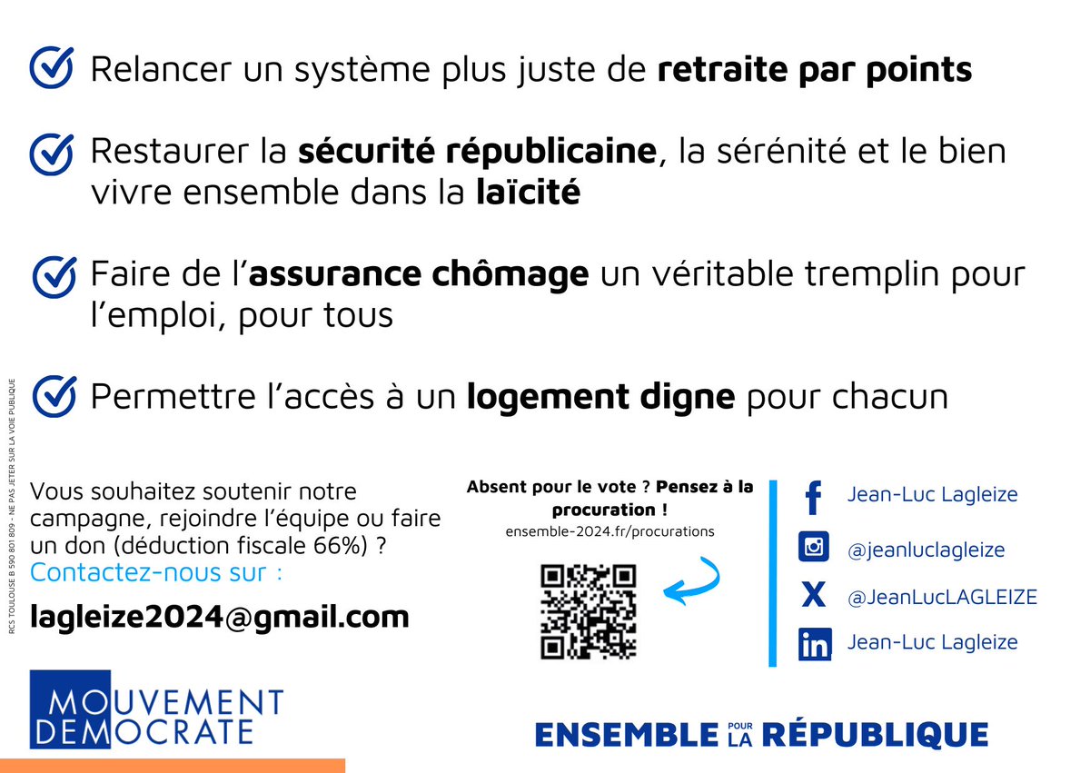 Ce qui nous est proposé pour la #circo3102  est clair. Sur 3 candidats pouvant accéder au 2ème tour, 2 représentent les extrêmes :  #LFI et #RN.
En responsabilité, le vote en faveur de  <a href="/JeanLucLAGLEIZE/">Jean-Luc LAGLEIZE</a> et <a href="/LaurenceLeroyG/">Laurence Leroy</a> s'impose à tous ceux qui :
-combattent les extrémismes,