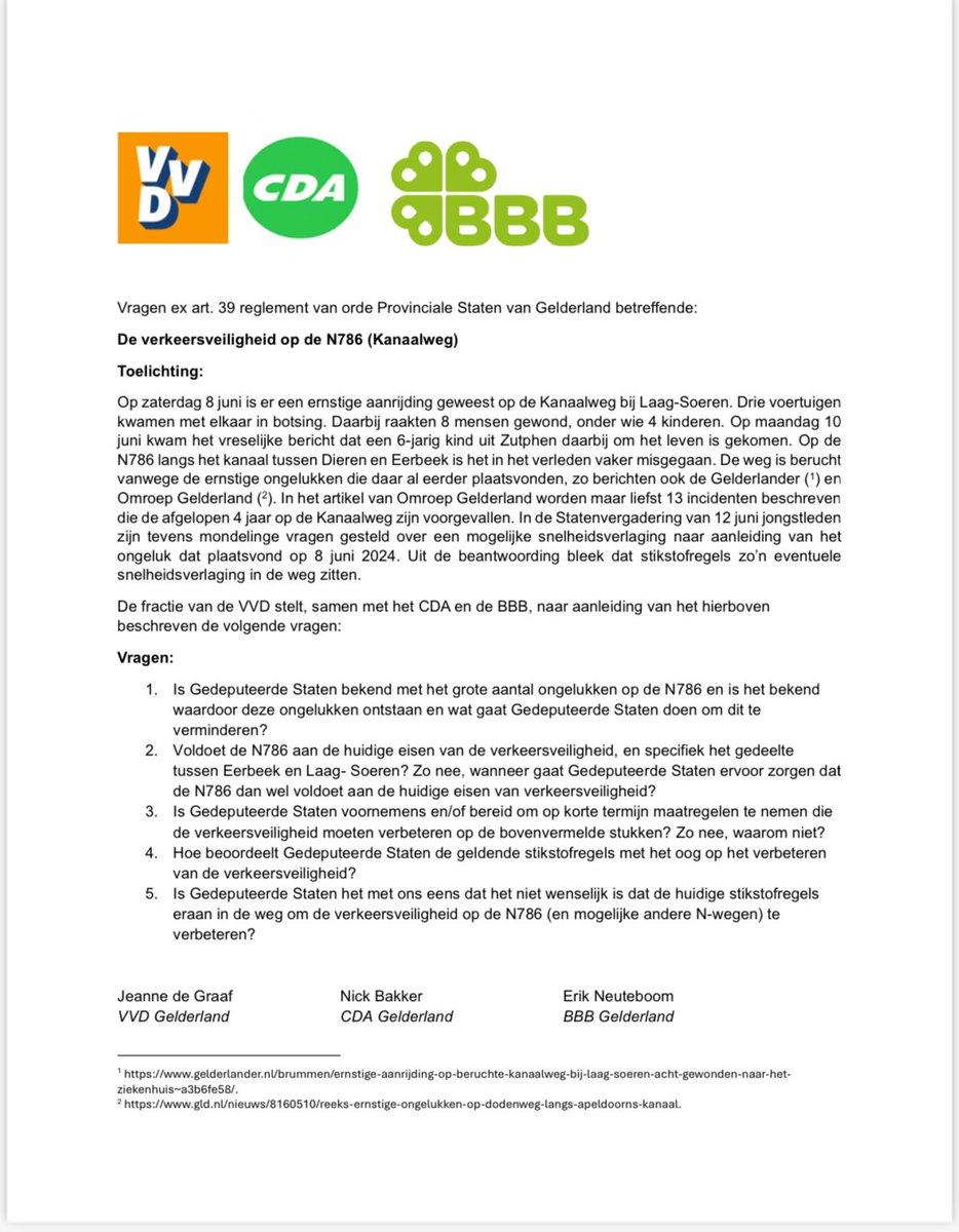 JeannedeGraaf's tweet photo. Na het heftige ongeluk op de #N786 bij Laag-Soeren begin deze maand, heb ik samen met de collega’s van het CDA en de BBB onderhavige Statenvragen ingediend. Het wordt nu tijd voor daadkracht en het verkeersveiliger maken van deze weg. 🚗🦺 https://t.co/1iKNnUNXPT