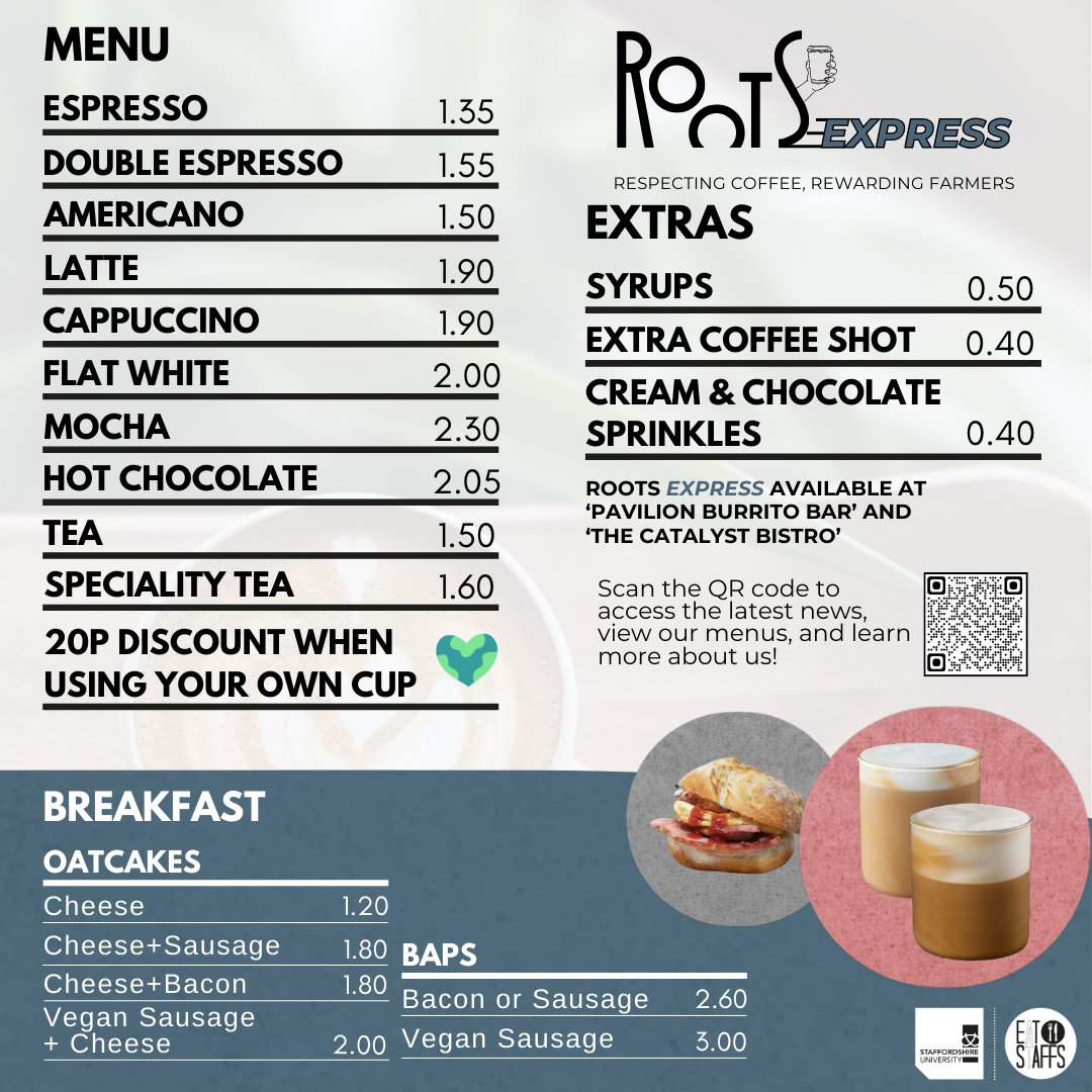 Starting today, Summer Opening times, Plus enjoy our new Roots Express at the Pavilion from 8am! Lattes start at just £1.90 with options for flavored syrups and cream. Plus, try our Breakfast on the Go with Bacon, Sausage Baps, and vegan alternatives. 

#LoveToEatAtStaffs