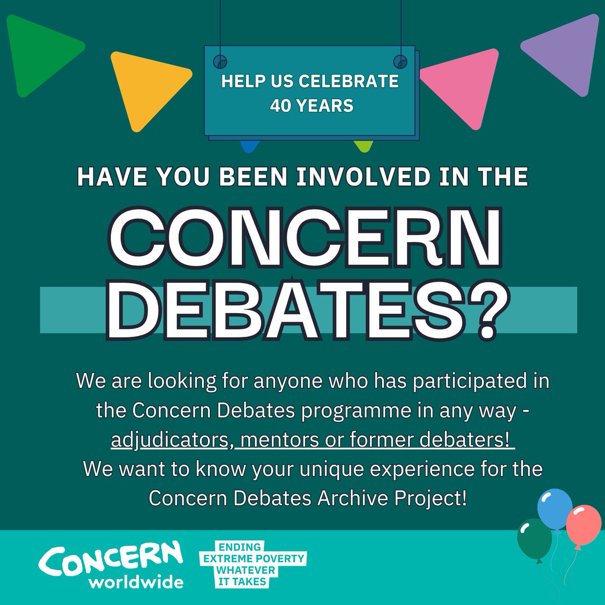 This year marks 40 years of Concern Debates 🎉 

We'd love to hear your memories as a mentor, adjudicator or debater, or if you have  newsletters, flyers, newspaper clippings or photos from the last 40 years relating to the Debates.

📧 Drop us an email at: debates@concern.net