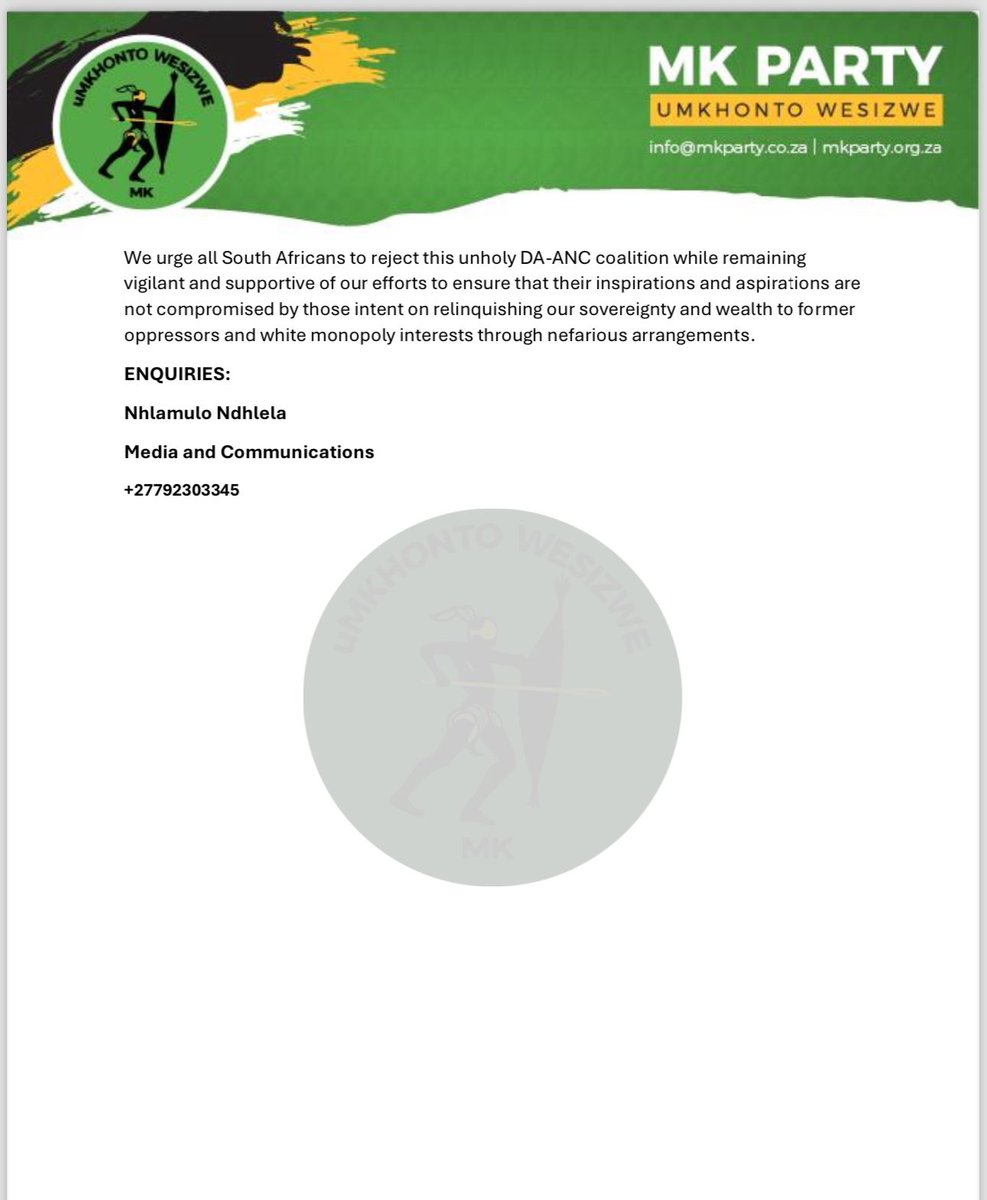 MkhontoweSizwex's tweet photo. The MK Party is pleased to announce that its 58 Members of Parliament will participate in the swearing-in ceremony in Parliament on 25 June 2024.

This follows a period of critical reflection and strategic consultation within the party leadership, subsequent to our initial boycott of the parliamentary sitting in protest against the rigged and fraudulent elections held on 29 May 2024.

We wish to clarify that our decision to take the oath of office does not, in any way, signify an acceptance of the May election results.

The MK Party steadfastly maintains that the elections were marred by massive election irregularities, rigging, and outright fraud.

We are continuing to challenge these results through appropriate legal channels.

Moreover, the MK Party does not recognize the legitimacy of the previous parliamentary sitting, during which Cyril Ramaphosa of the DANC coalition was elected as President.

We are actively pursuing legal avenues to have this sitting declared illegitimate, upholding the principles of democracy and justice as enshrined in Section 46(1) of the Constitution.

Under the principled and unwavering leadership of former Judge President and Dr. Mandlakayise John Hlophe, our team is committed to tirelessly expose the covert operations of the DANC coalition, which we view as a pet-project of white monopoly capital.

This treacherous and unholy coalition between Ramaphosa-ANC and DA, poses a significant threat to the hard-earned freedoms of our people, with the sole aim to reinstate control over our nation and its wealth to the historical oppressors and those who have monopolised our resources from colonial and apartheid days to this day.