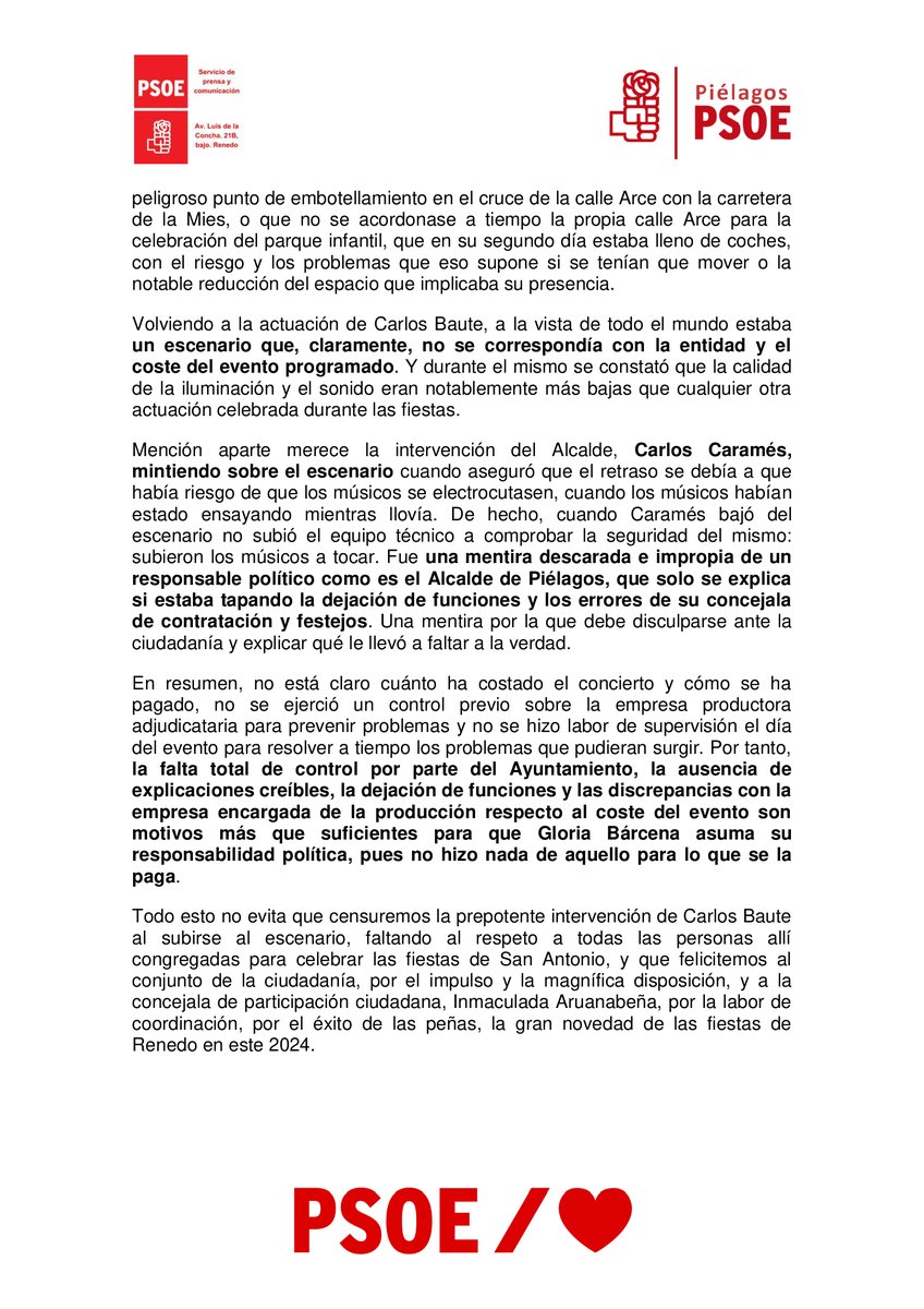 📰PSOE Piélagos exige la dimisión o el cese de la concejala de Contratación y Festejos del Ayuntamiento de Piélagos, Gloria Bárcena, por la desastrosa gestión del concierto de Carlos Baute en la fiestas de Renedo