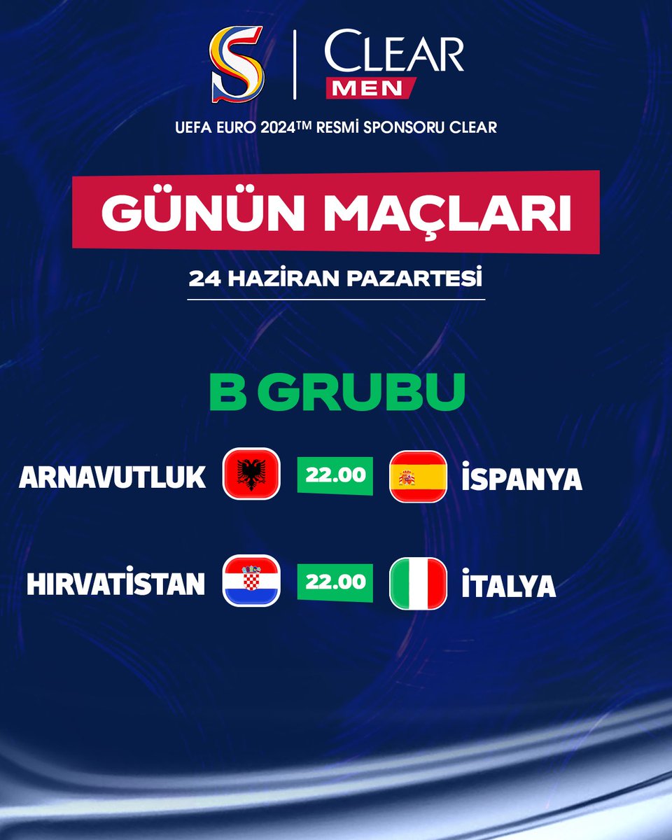 ⚽️ Günün maçları. #EURO2024

<a href="/ClearTurkiye/">Clear Türkiye</a> #ClearİleKafanRahat #Sponsor