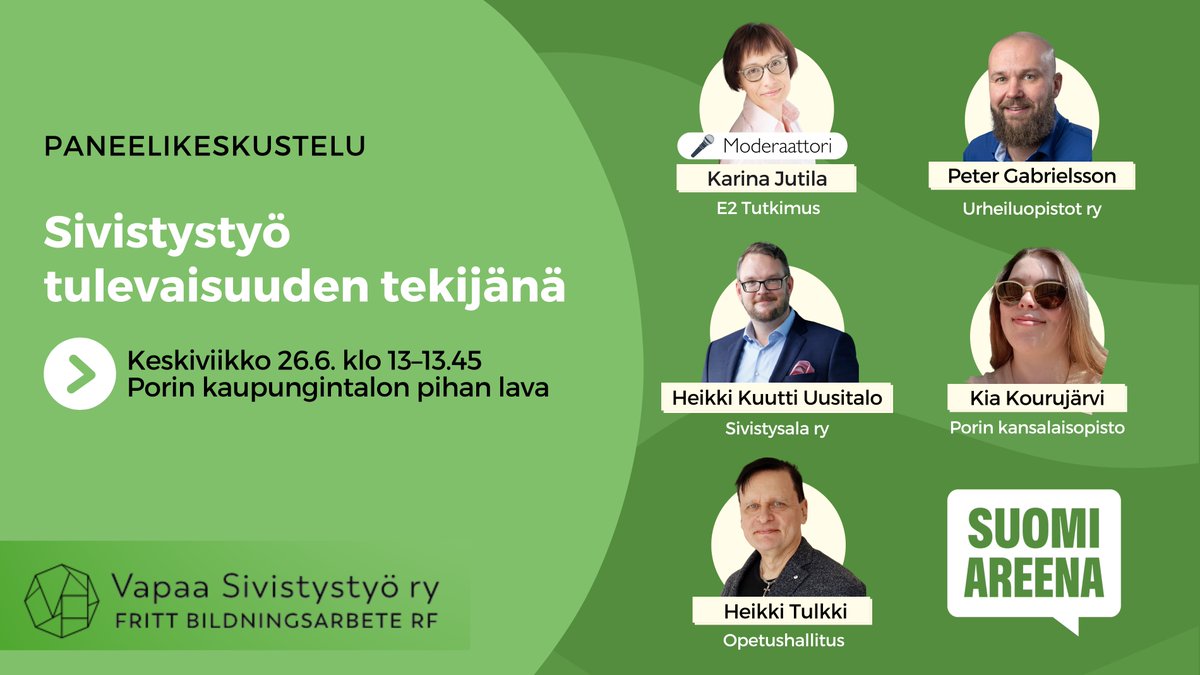 #VapaaSivistystyo'n paneeli SuomiAreenassa ke 26.6. klo 13: ”Sivistystyö tulevaisuuden tekijänä”. Tuus juttusille myös Kansalaistorille, minut ja meidät löydät sieltä 25.-26.6.!  #sivistys #vapaasivistystyö #bildning