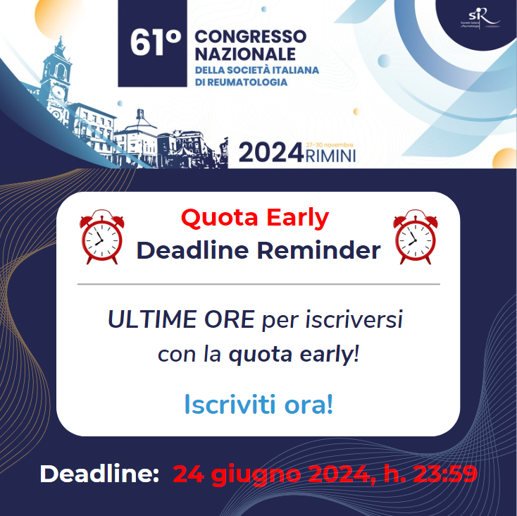 CongressoSir's tweet photo. Ultime ore per usufruire della QUOTA EARLY! 
La deadline è oggi, 24 giugno 2024, alle ore 23:59.

Iscriviti al seguente link: https://t.co/hMfKXnWCAr

Scopri di più sul sito: https://t.co/weq9o0d8ve https://t.co/yHJ54EPTu7