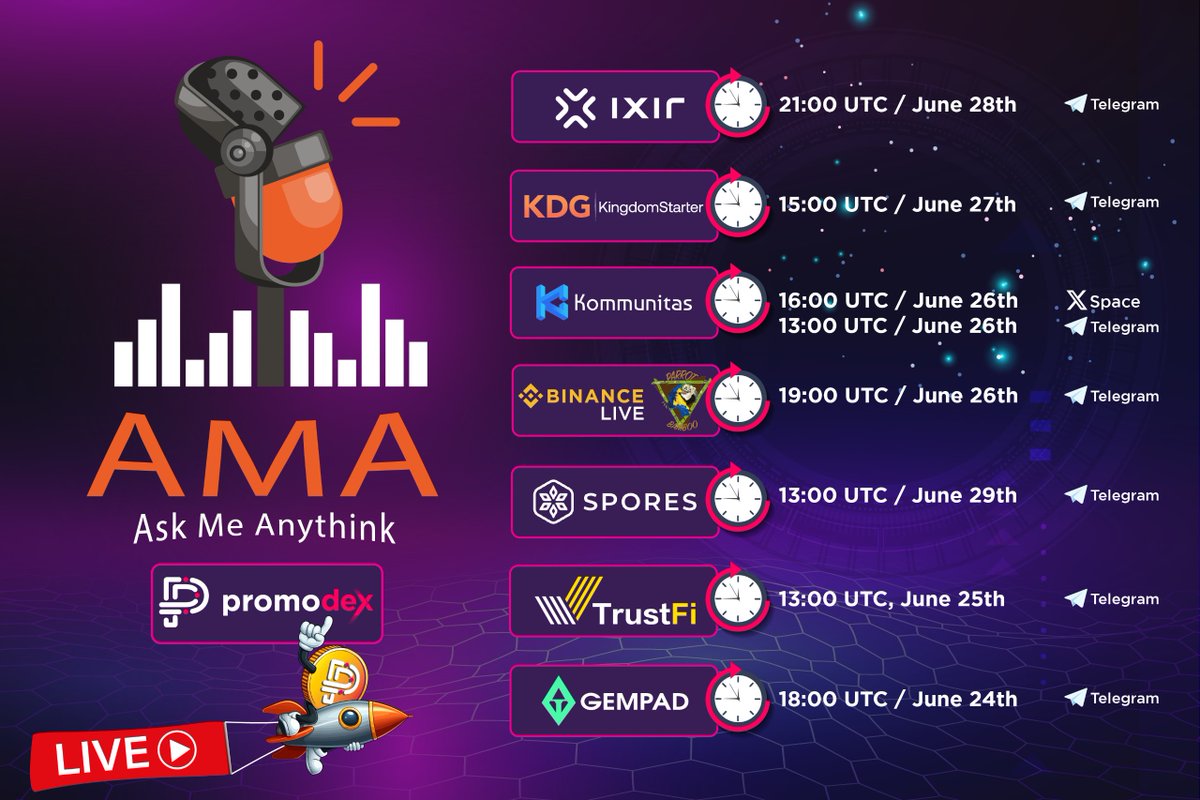 🗓️Mark Your Calendars!!!🗓️
Join us for an exciting #AMA (Ask Me Anythink) sessions with Partner Launchpads  🎉

We'll be discussing Promodex and more. Plus, we're hosting a special giveaway for participants! 🎁
Click for details:
╰┈➤ bit.ly/Promodex-AMA-S…

$PROMO  #Promodex