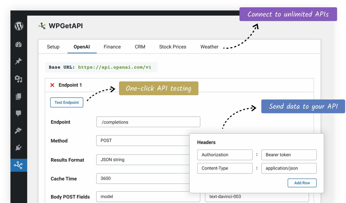 TeamUpdraftWP's tweet image. Have you tried @wpgetapi yet?  

WPGetAPI allows you to connect to virtually any REST API. You can format and display the returned data on your WordPress site without writing a single line of code.   

More info - wpgetapi.com
#wordpresswebsite #wordpressdeveloper