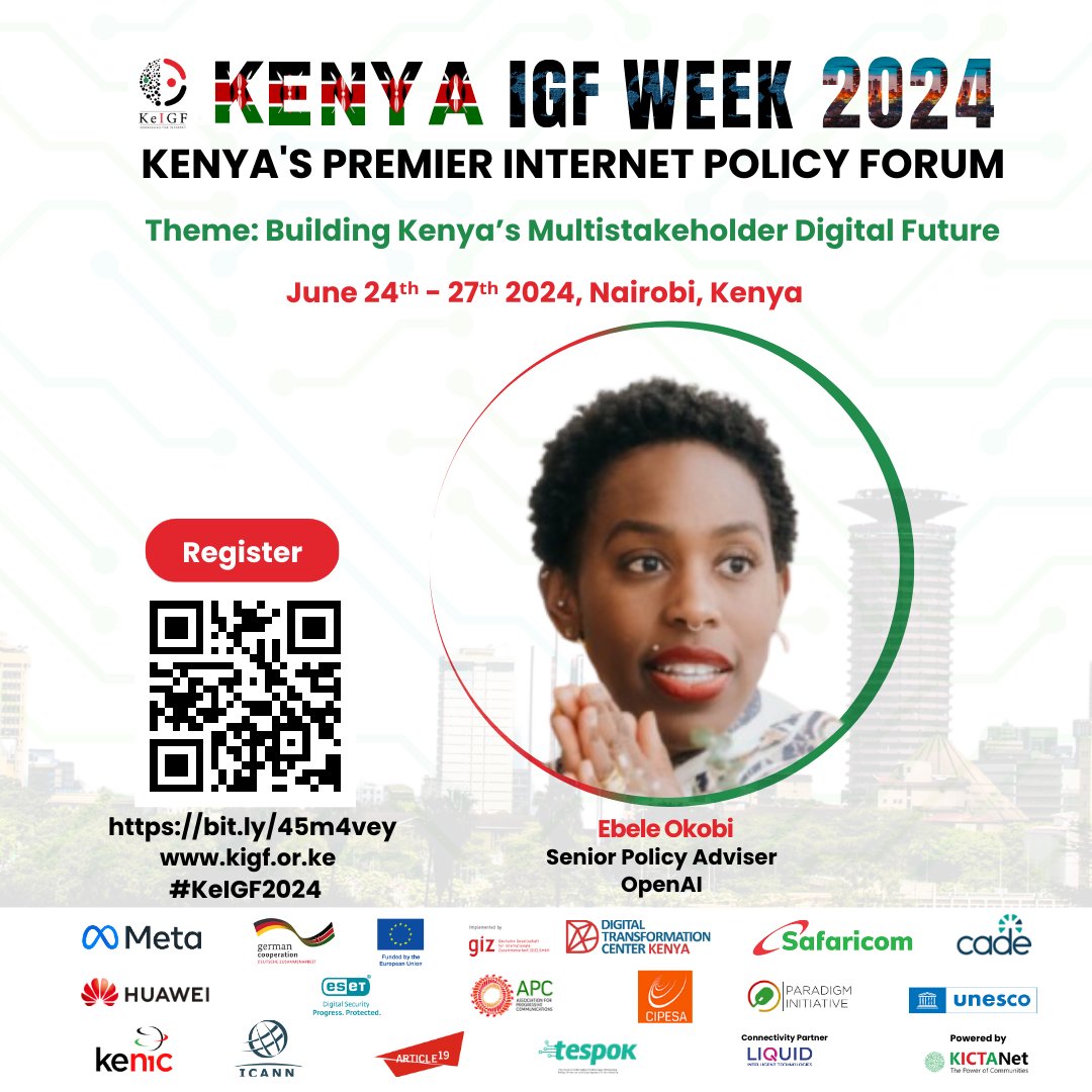 KICTANet's tweet photo. 🥳Exciting News: Ebele Okobi, Senior Policy Advisor at @OpenAI, will be exploring best practices to promote digital innovation, responsible AI development, upskilling, relevant regulation, and governance at Kenya IGF 2024!

Register here to attend: https://t.co/9x3zagDQBO

#KeIGF2024 #KeSIG2024 #KeYouthIGF2024 ^EJ