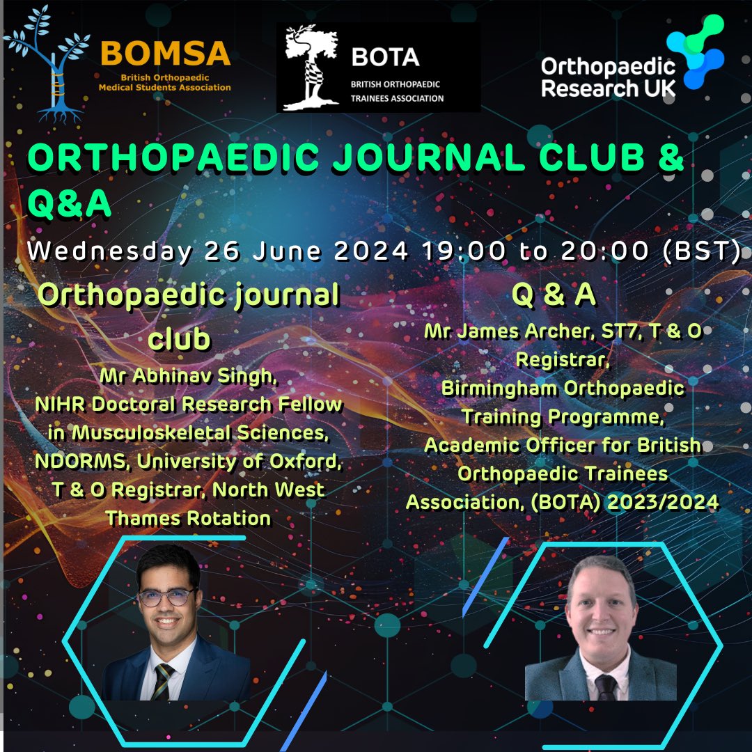 British Orthopaedic Medical Students Association (@bomsa_uk) on Twitter photo Join us this Wednesday 26/6 at 7pm for the final BOMSA x
<a href="/bota_uk/">BOTA</a> x <a href="/OR_UK/">Orthopaedic Research UK</a> lecture.
This week <a href="/OrthoSingh/">Abhinav Singh</a> and Mr James Archer will be on hand to answer any questions that you had throughout the series and perfect your skills!
Sign-Up: us02web.zoom.us/meeting/regist… Join us this Wednesday 26/6 at 7pm for the final BOMSA x
<a href="/bota_uk/">BOTA</a> x <a href="/OR_UK/">Orthopaedic Research UK</a> lecture.
This week <a href="/OrthoSingh/">Abhinav Singh</a> and Mr James Archer will be on hand to answer any questions that you had throughout the series and perfect your skills!
Sign-Up: us02web.zoom.us/meeting/regist…